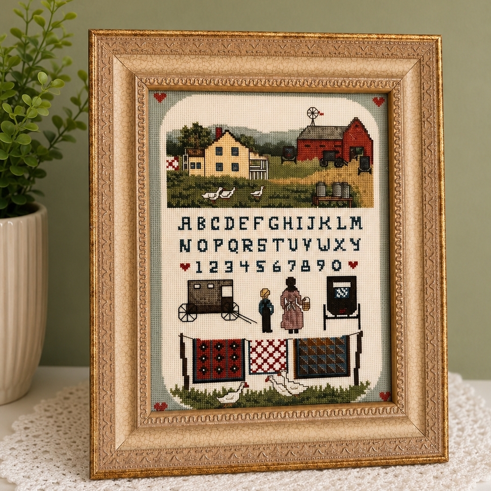 Framed Country Sampler Cross-Stitch Art - Cream, Red, Green-8 X 10 In.